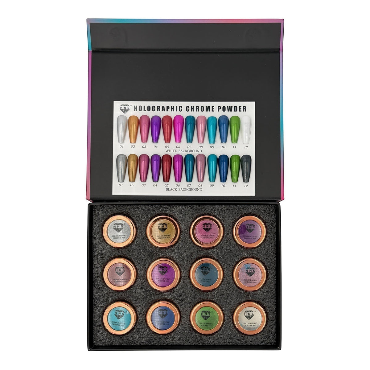 HNS HOLOGRAPHIC CHROME  POWDER 12 COLORS COLECCTION free 2 base chorme HNS