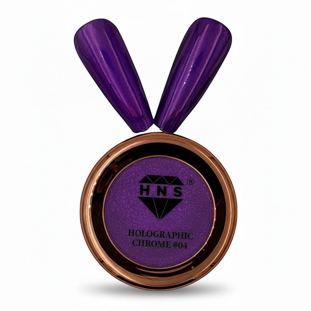 My Store HNS holographic chrome nail powder in deep purple with a shimmering finish, shown in a rose gold pot with two applicator tips.