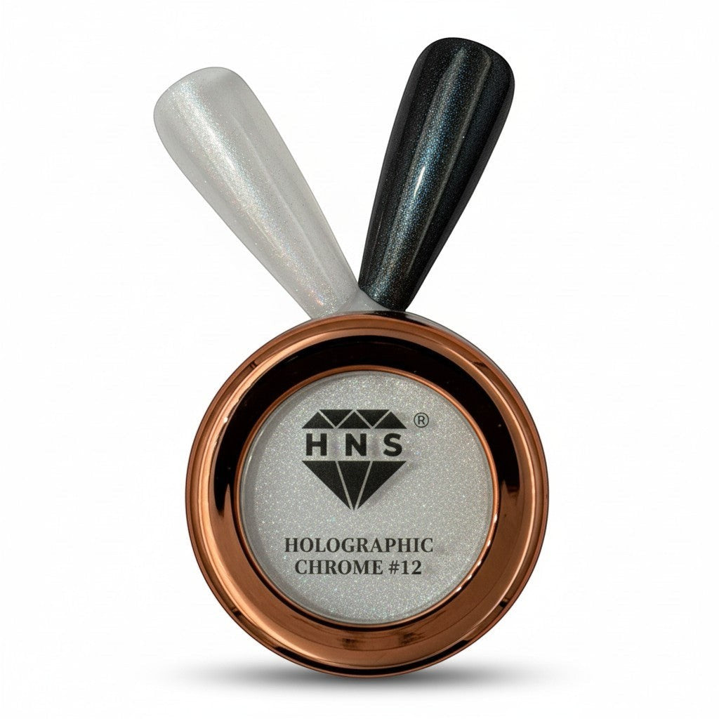 My Store HNS Holographic Chrome #12 nail powder in a rose gold pot with black and clear applicator tips.